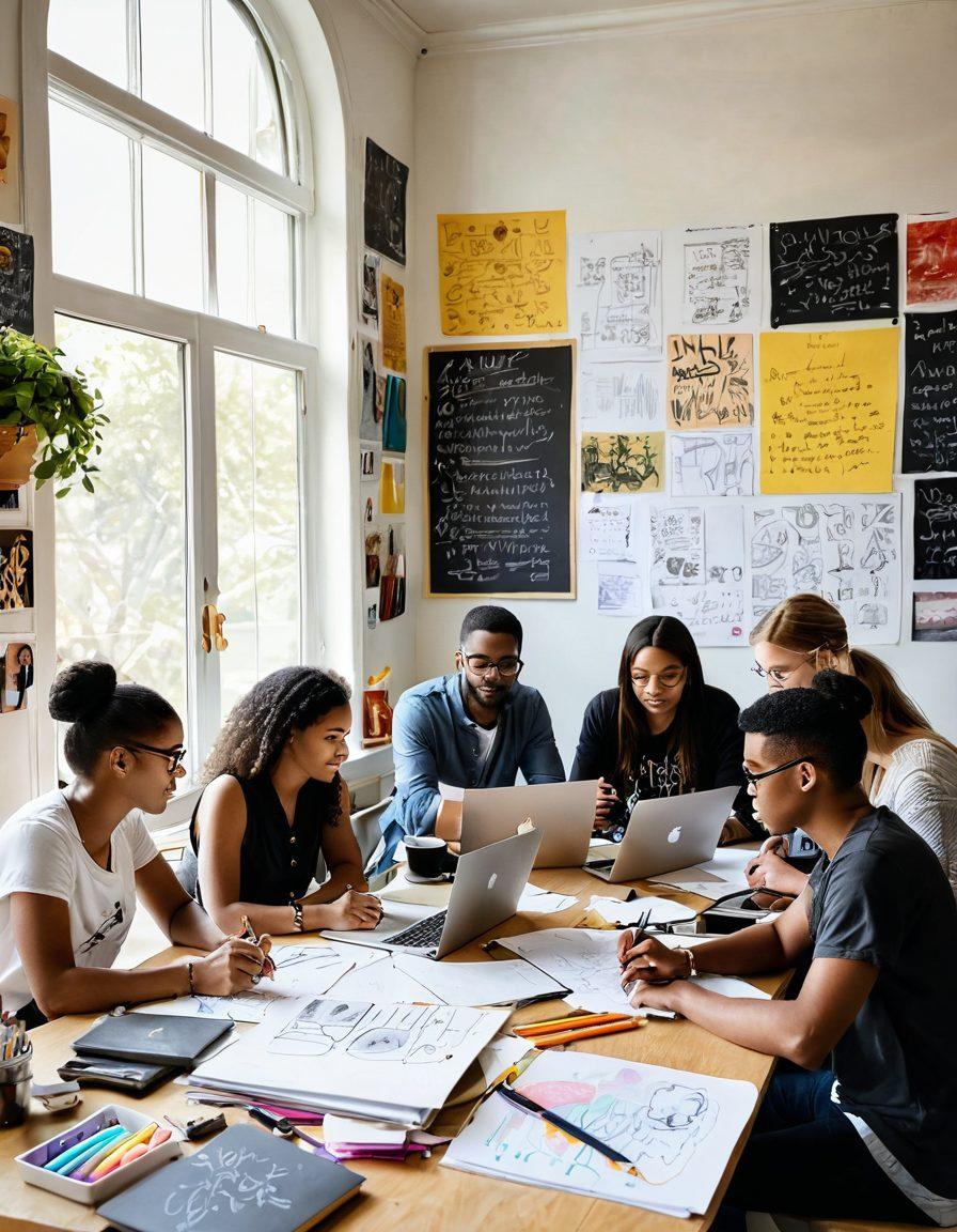A vibrant workspace scene showcasing a diverse group of creators brainstorming ideas, surrounded by colorful notes, laptops, and art supplies. The atmosphere is dynamic, with a large chalkboard filled with sketches and plans in the background, symbolizing the journey from idea to impact. Sunlight streams through a window, adding warmth and energy. super-realistic. vibrant colors. white background.