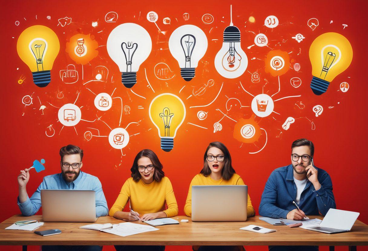 A vibrant collage showcasing a diverse group of people enthusiastically writing and recording content, surrounded by symbols of creativity like light bulbs, speech bubbles, and laptops. The scene should evoke a sense of inspiration and communication, with a warm, inviting color palette. Include elements representing various platforms - podcasts, blogs, and social media. super-realistic. vibrant colors.