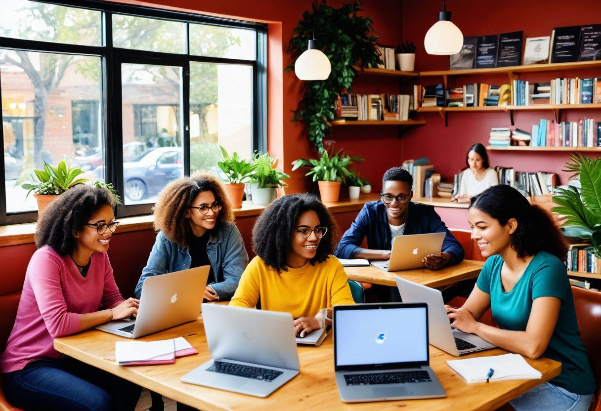 A vibrant illustration of a diverse group of people engaging with laptops and notebooks in a cozy cafe setting, surrounded by books and plants, symbolizing community and collaboration. Incorporate colorful speech bubbles with tips and ideas floating around them. Focus on warmth and creativity in the atmosphere. super-realistic. vibrant colors. soft background.